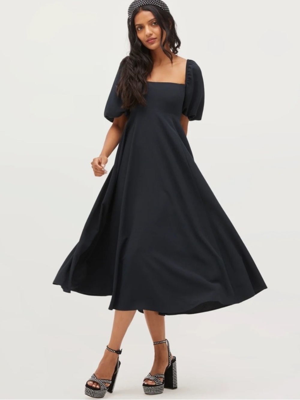 Hill House Matilda Square Neck Puff Sleeve Midi Dress Black Crepe Sz S